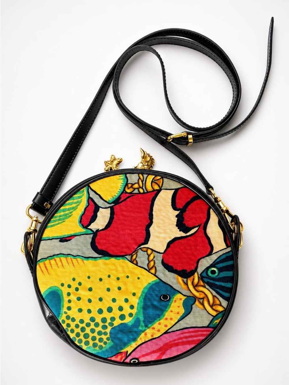 Celine VTG Tropical Fish Xbody, Navy leather/multi fabric, gold fish charms, GUC